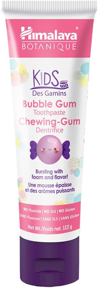 Himalaya Botanique Kids Toothpaste with Xylitol, Bubble Gum Flavor - Gentle Fluoride Free Toothpaste - Vegan, Gluten Free, SLS Free, No Artificial Flavors or Colors, 4 oz