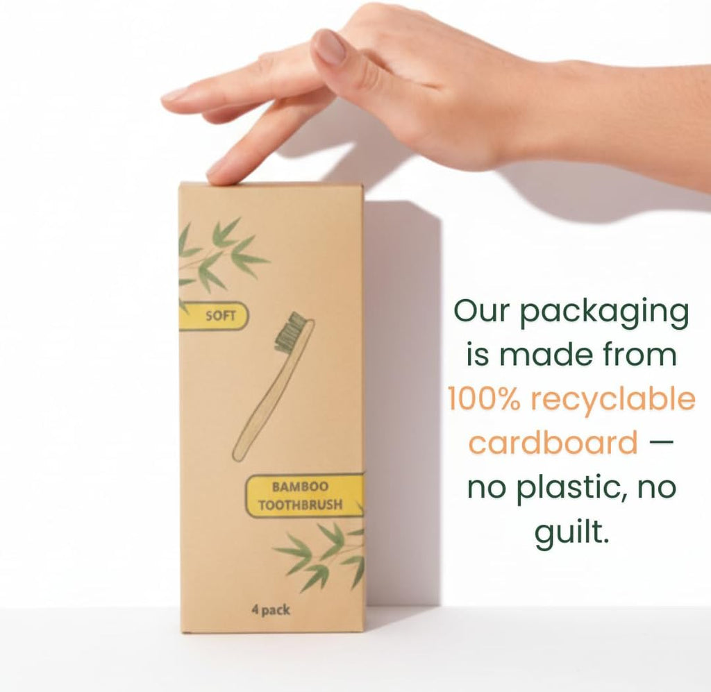Bamboo Toothbrush Soft Bristles 4 Pack – Eco-Friendly, Natural Wooden Handle, BPA-Free, Vegan, Biodegradable, Plastic-Free Packaging, Family Set