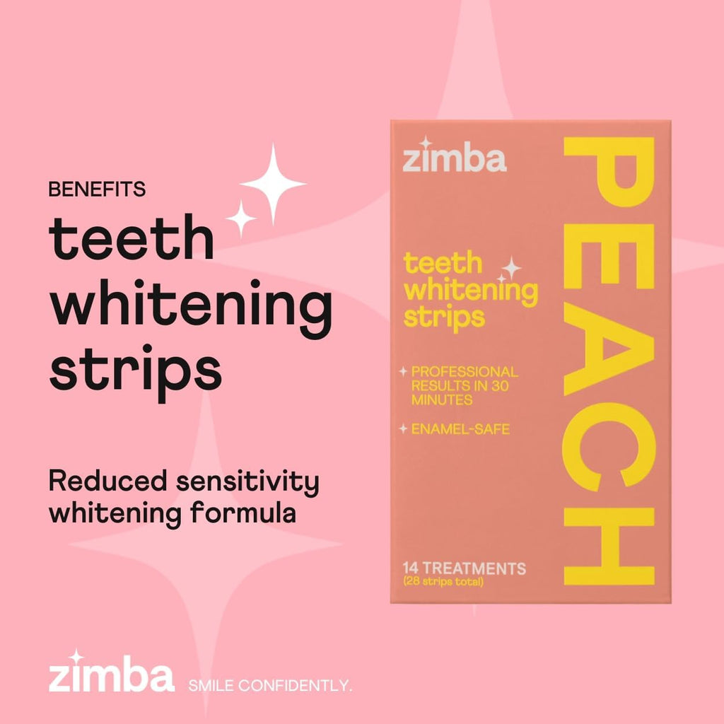 Zimba Teeth Whitening Strips Vegan Whitening Strip Enamel Safe Teeth Whitening Hydrogen Peroxide Teeth Whitener for Coffee, Wine, and Other Stains, 28 Strips (14 Day Treatment), Peach