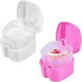 2 Pack Colors Denture Bath Case Cup Box Holder Storage Soak Container with Strainer Basket for Travel Cleaning (White and Pink)