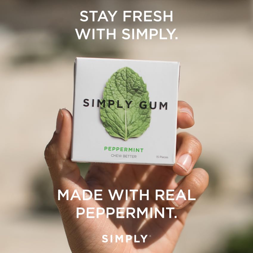 SIMPLY Gum Peppermint, Plastic-Free Natural Chewing Gum, 6 Pack (90 Pieces) | Vegan, Kosher, Non GMO, Aspartame Free and Sorbitol Free