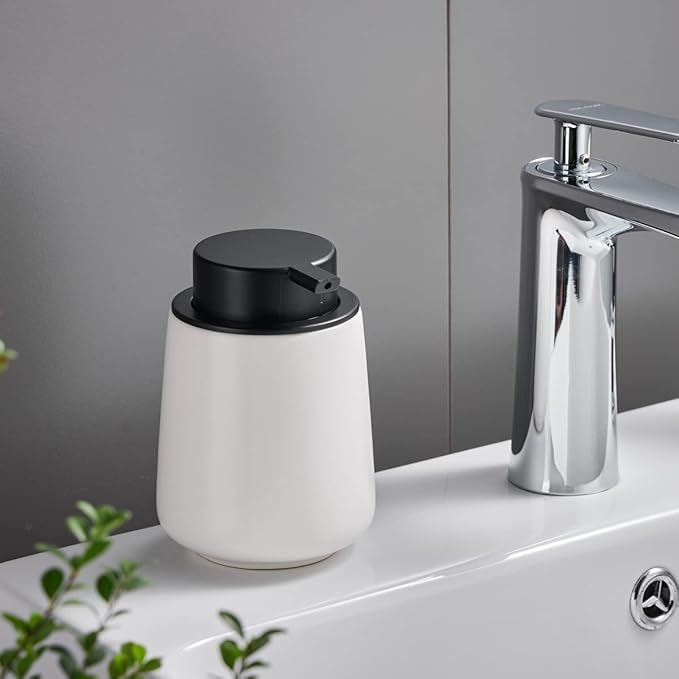 12Oz White Soap Dispenser - Modern Ceramic Lotion Hand Soap Dispenser with Easy-to-Press Black Pump, Reusable and Refillable Liquid Dish Soap Dispensers for Bathroom & Kitchen