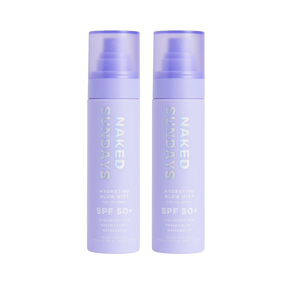 Naked Sundays SPF 50 Hydrating Glow Mist SPF Setting Spray and Face Sunscreen, Lightweight & Non-Greasy, Hydrating Ultra-Fine Mist with Hyaluronic Acid for All Skin Types, Makeup-Friendly - 2 pack