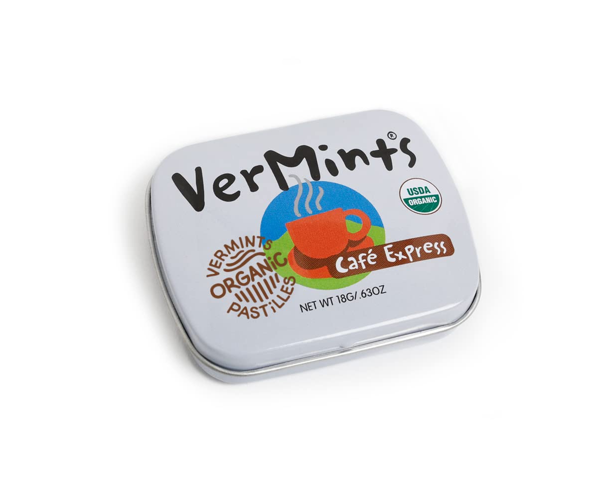 VerMints Organic Breath Mints Café Express - Real Ingredients, Lasting Coffee Flavor - Travel Size Tins - Non-GMO, Nut Free, Gluten Free, Vegan & Kosher Coffee Candy - .63oz/18g (Pack of 12)