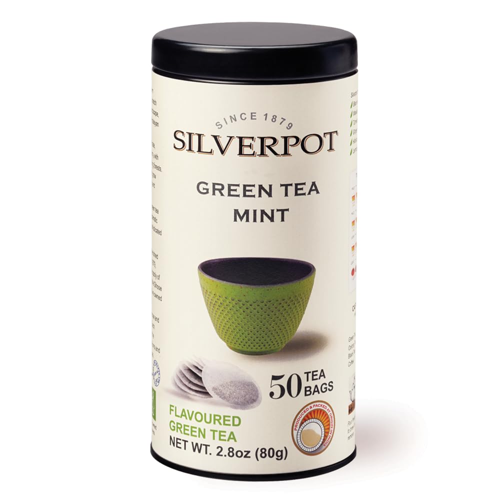 Silverpot Green Tea & Mint - 50 Round Tea Bags | 100% Natural, Peppermint | Caffeinated | Antioxidant Rich | Reusable Tin