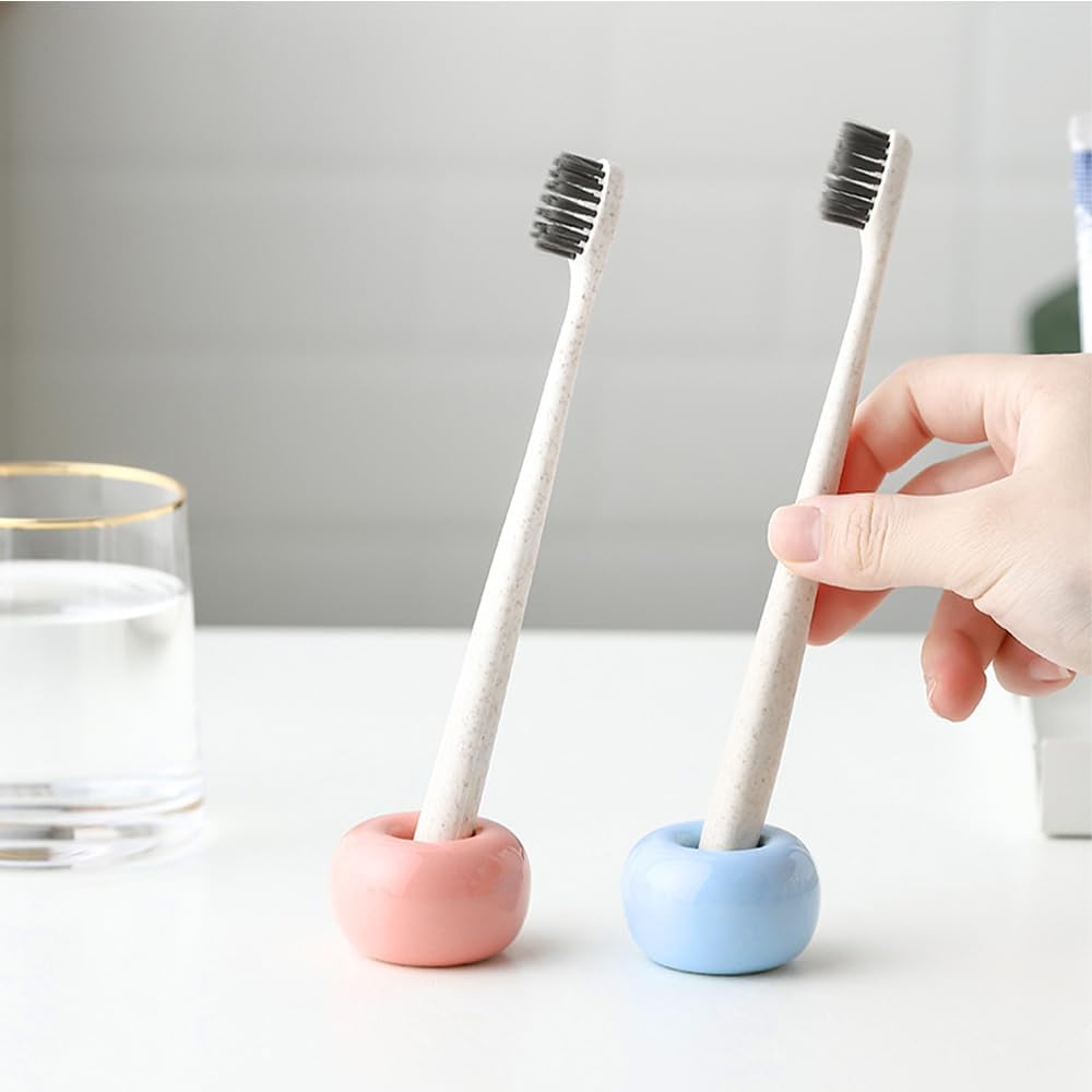 Mini Ceramics Toothbrush Holder Stand for Bathroom Vanity Countertop, Handmade Couple Toothbrush Head Holder, Shaver Holder and Office Pen Holder, Pink&Blue, Pack of 2