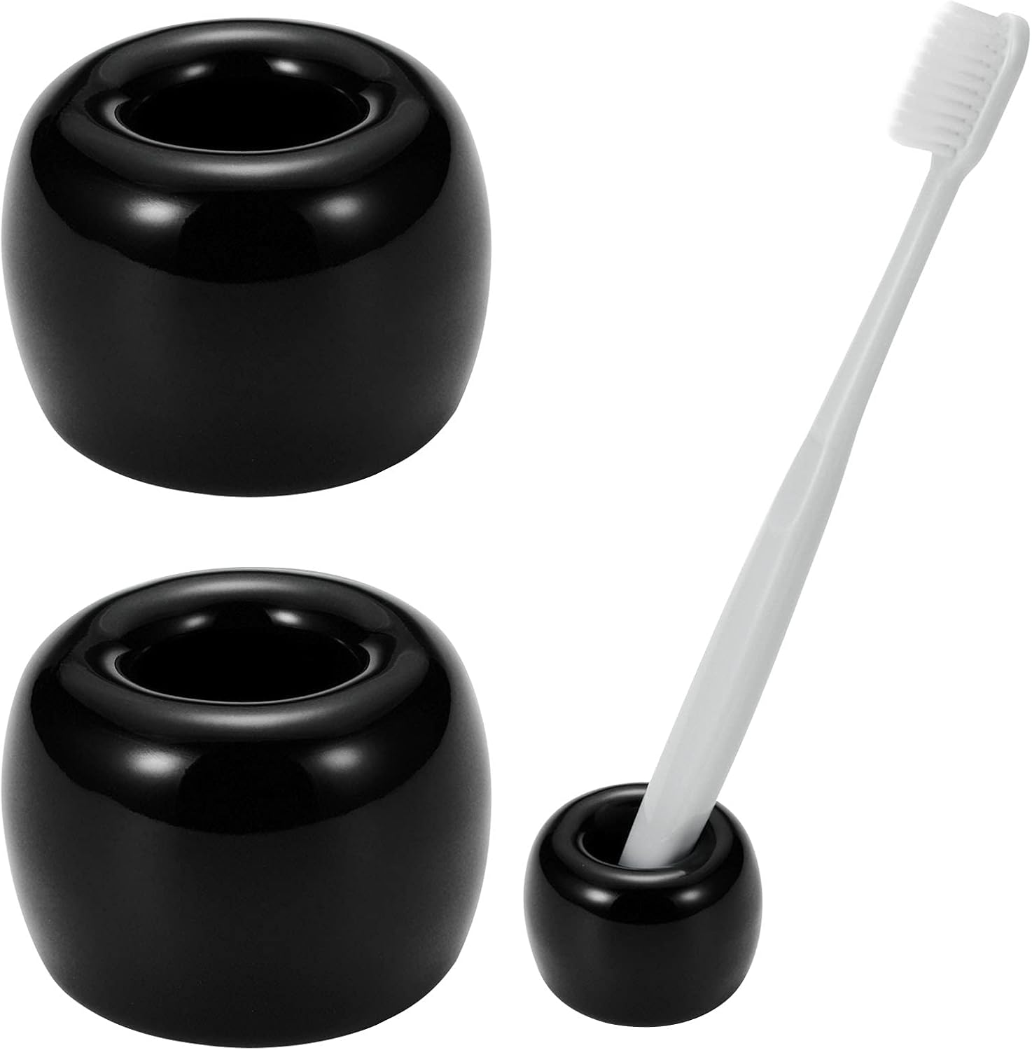 Mini Ceramic Couple Toothbrush Holder, Hand-Made Bathroom Toothbrush Holder, Electric Toothbrush Head Holder and Office Pen Holder 2-Piece Set (Black)