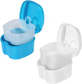 2 Pack Colors Denture Bath Case Cup Box Holder Storage Soak Container with Strainer Basket for Travel Cleaning (White and Light Blue)
