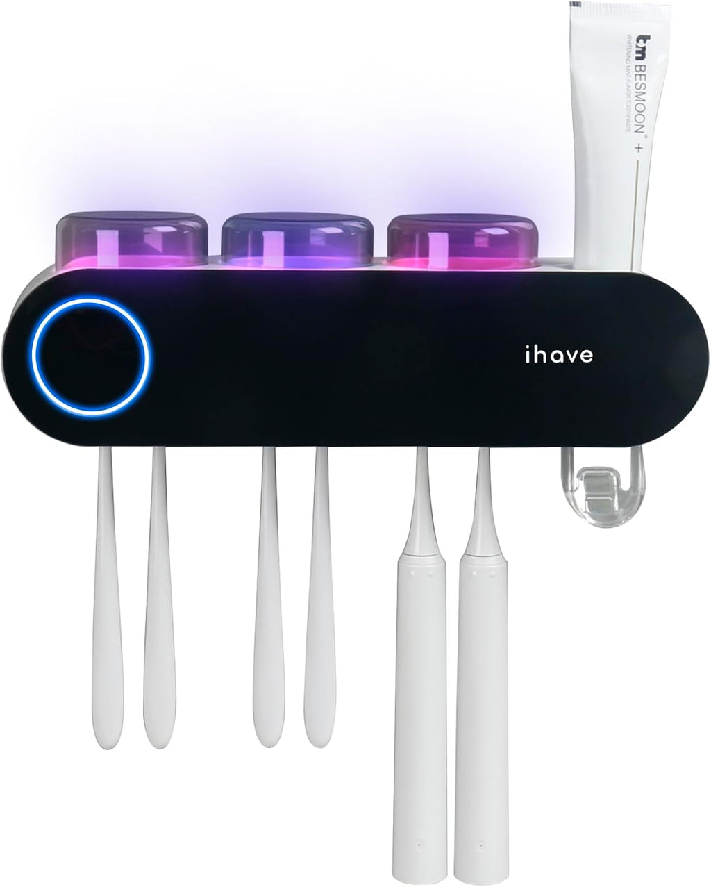 iHave Wall Mounted Electric Toothbrush Holders with 3 Cups, UV Sanitizer, Toothpaste Dispenser, Smart Home Bathroom Accessories & Decor, Black