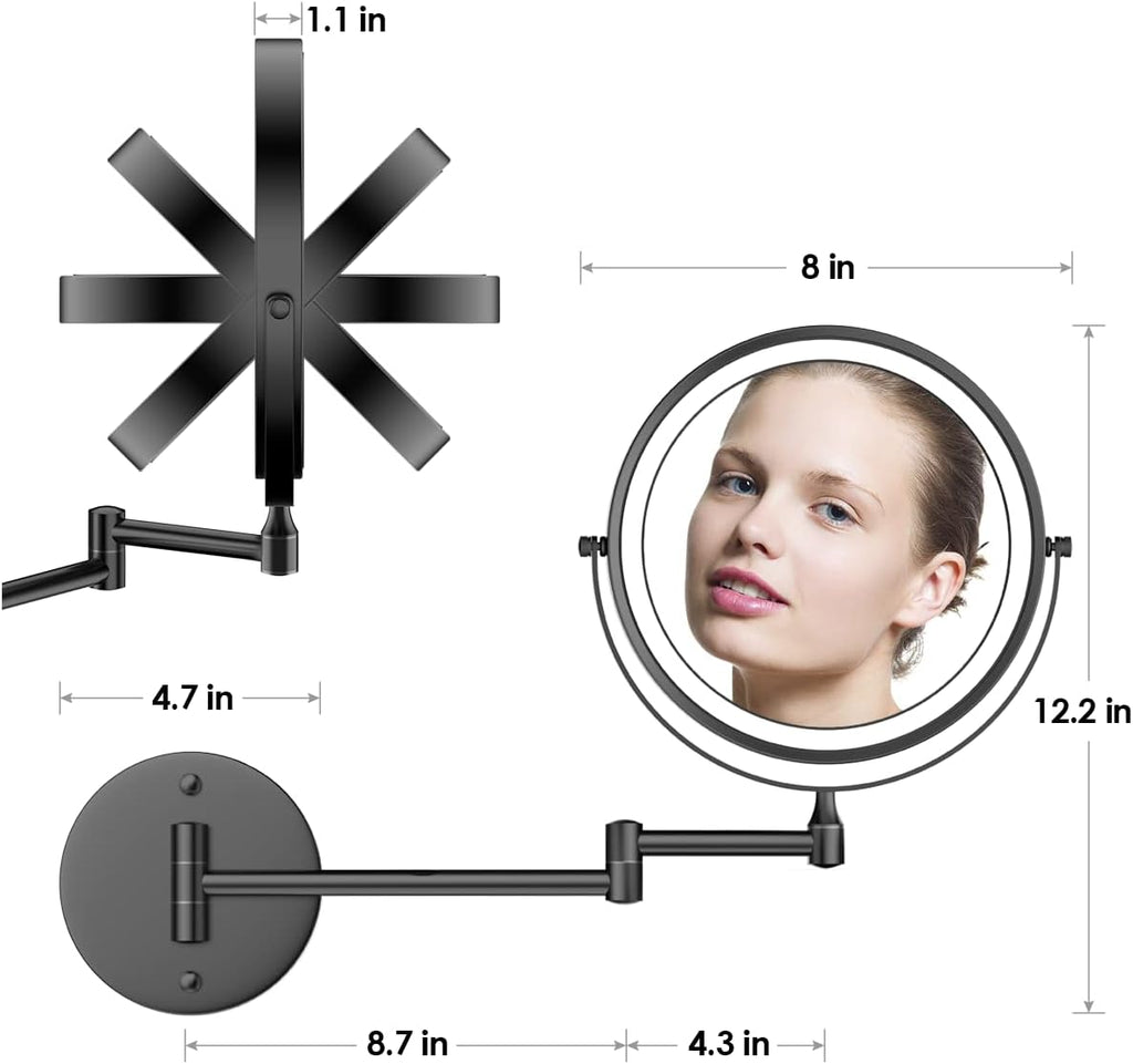 Rocollos Rechargeable Wall Mounted Lighted Makeup Mirror, 8 Inch Double-Sided LED Vanity Mirror 1X/10X Magnification,3 Color Lights Touch Screen Dimmable 360°Swivel 13 Inch Extendable