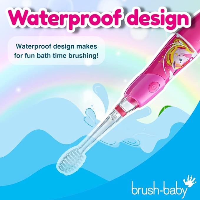 brush-baby - KidzSonic Unicorn Kids Electric Toothbrush, Ages 3+ Years - DeepClean Bristles, Suction Base - Fun Design with Flashing Lights - 2 x Replacement Heads & 1 x AAA Battery