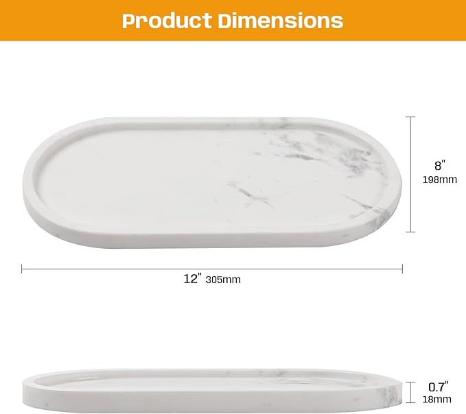 2 Pcs Marble Tray for Decor, Marble Vanity Tray for Perfume, Cosmetics, Jewelry, Stone Decorative Trays for Dresser Organizer, Storage Trays for Home Bathroom Countertop, 12 x 6 Inch