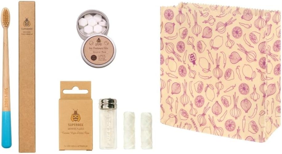 SuperBee Travel kit with Dentos Toothpaste Tablets 14 tabs, Natural Floss, Soft Bristles Bamboo Toothbrush - Fluoride Free & Eco Friendly, Travel Size kit Plastic Free