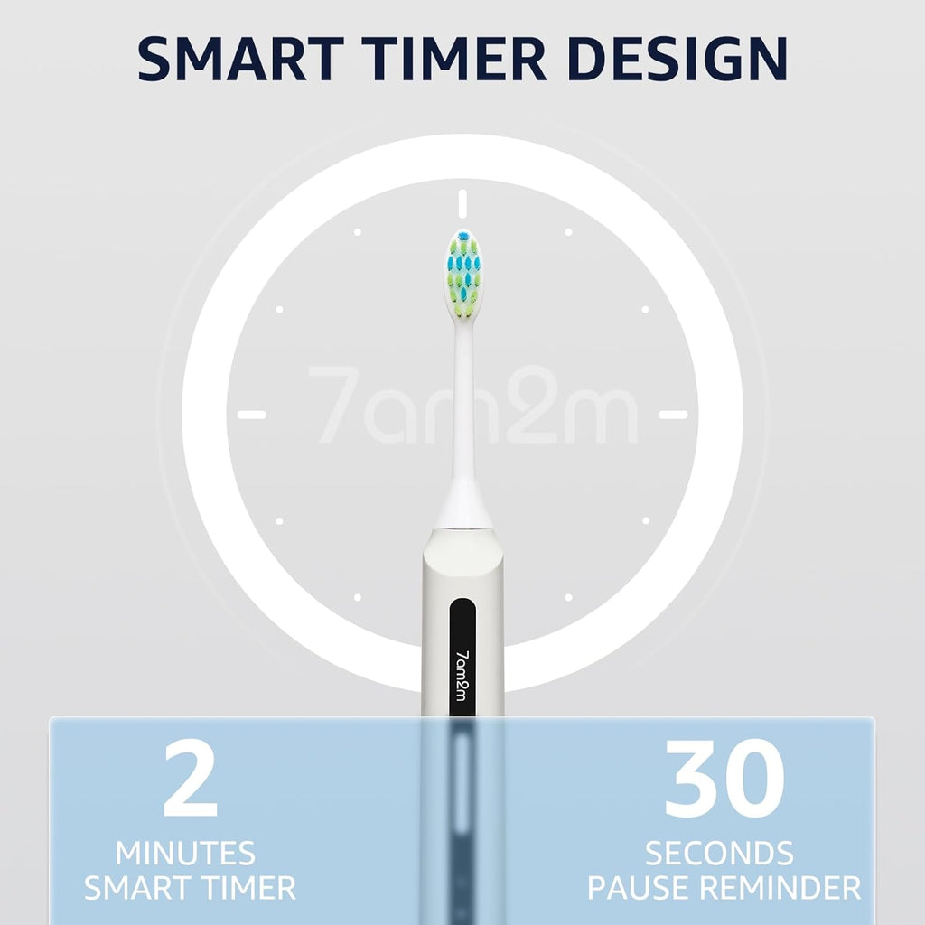 7AM2M Sonic Electric Toothbrush, High Power Rechargeable Toothbrushes, with 8 Brush Heads for Adults and Kids, 15 Adjustable Modes, Built-in 2-Minute Smart Timer, 4 Hours Fast Charge(White)