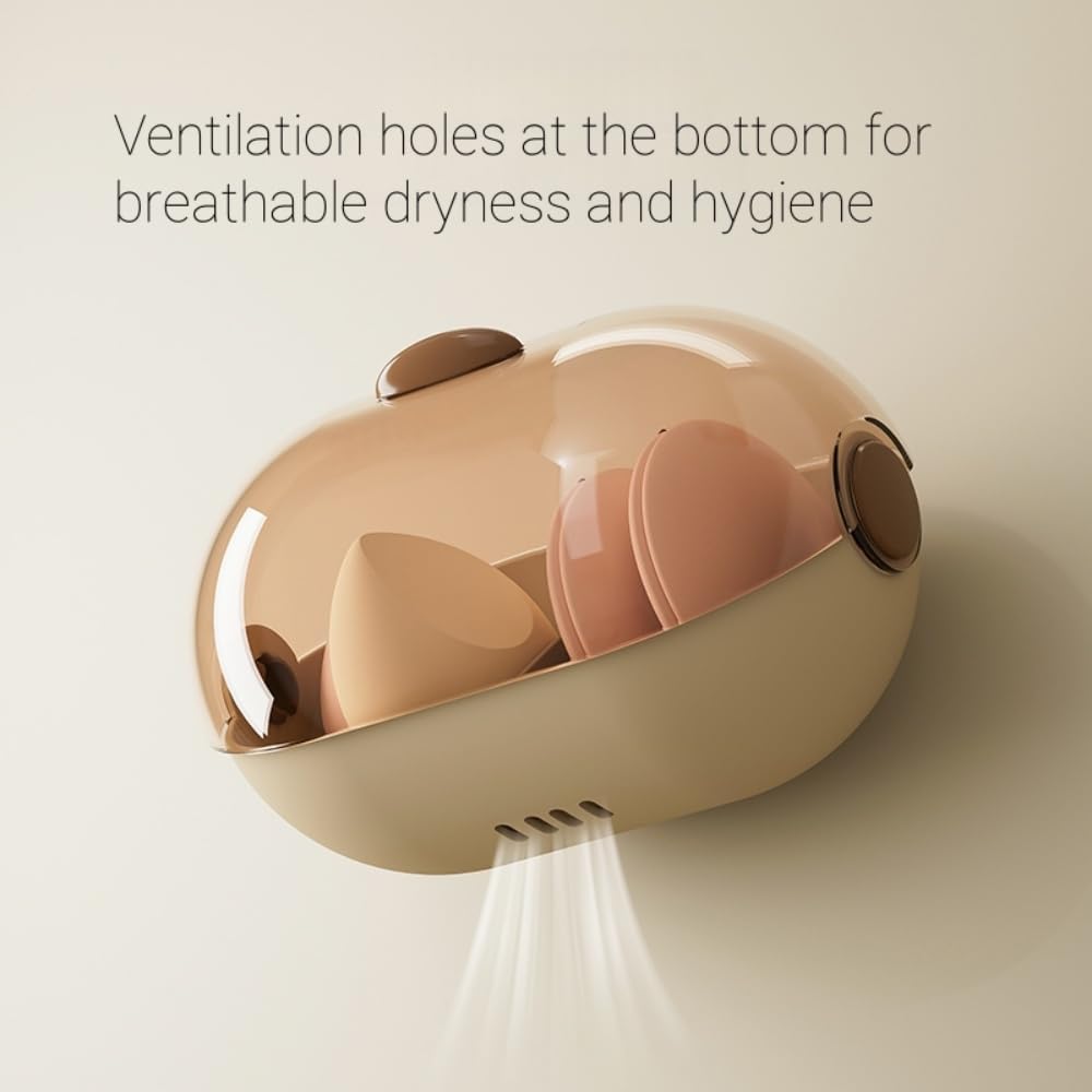 Wall-Mounted Makeup Sponge Holder Beauty Blender Holder Small Hair Accessories Organizer Drying Storage Box for Bathroom Countertop with Cute Big Eyes and Lid, 2 Compartments(1 PC,Brown)