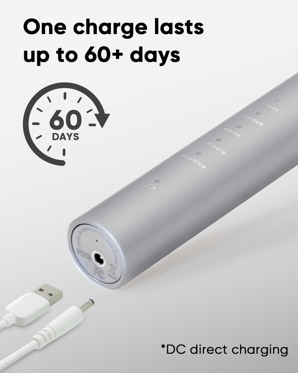 MySmile DY156 Electric Toothbrush for Adults, Rechargeable Sonic Battery Toothbrush Portable with 3 Brush Heads, 2 Mins 5 Modes Smart Timer, 45000VPM, One Charge for 60 Days – Gray