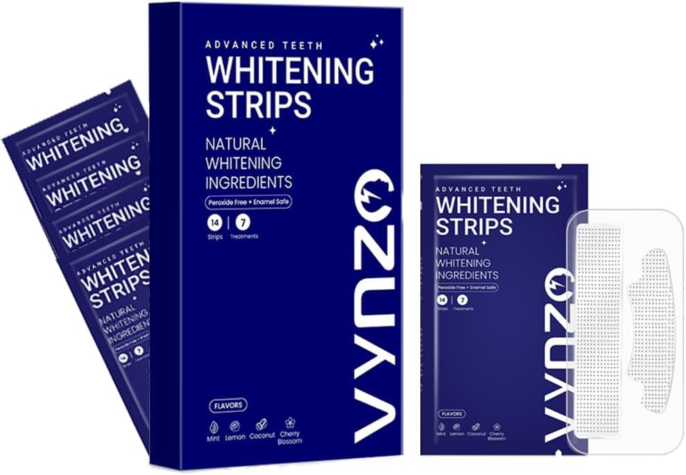 Natural Teeth Whitening Strips -7 Treatments, White Strips Peroxide-Free, Enamel Safe & Gentle for Sensitive Teeth, Removes Deep Stains Mint, Lemon & Cherry Blossom Flavors - Fast Results