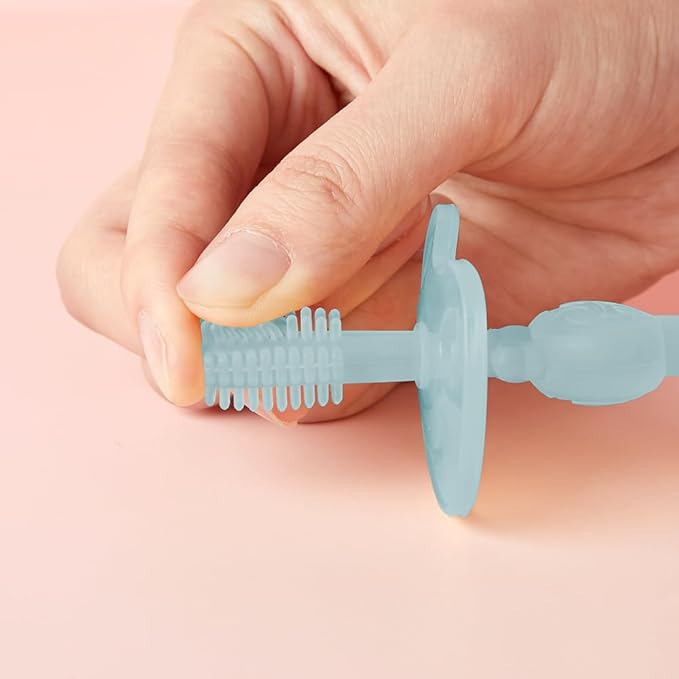 haakaa 360° Silicone Baby Toothbrush – 100% Soft Food Grade Silicone, BPA-Free, Suction Base, Safe for Babies 6 Months+, Gentle Gum and Teeth Cleaning for Infants, Gum Massager (Mist Blue)