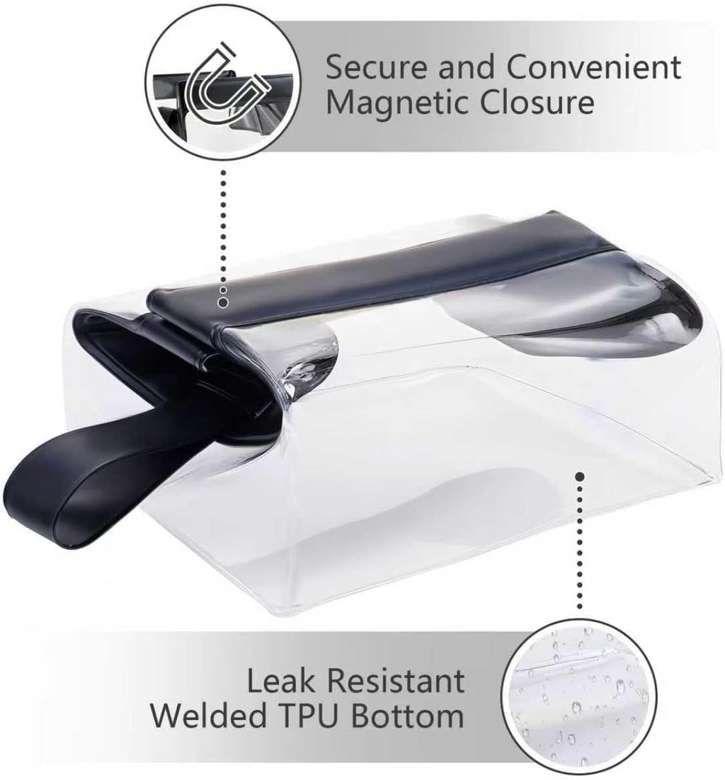 TSA Approved Clear TPU Toiletry Bag with Magnetic Closure Leak Resistant Makeup Bag Cosmetic Pouch Dopp Kit Travel Essentials Bag Magnetic Travel Container Organizer Pouch (Black)