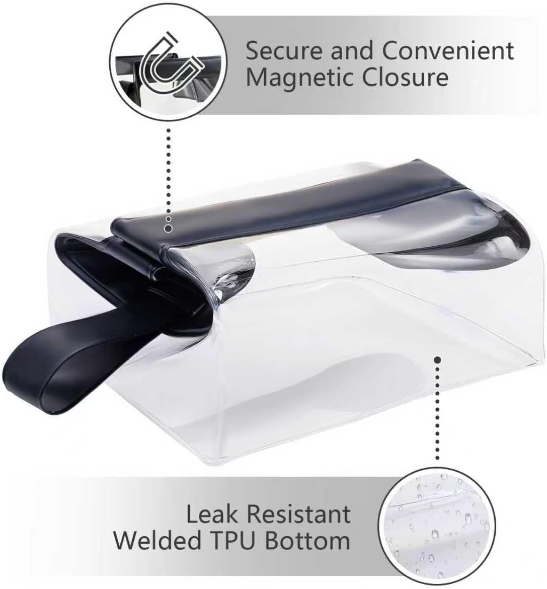 TSA Approved Clear TPU Toiletry Bag with Magnetic Closure Leak Resistant Makeup Bag Cosmetic Pouch Dopp Kit Travel Essentials Bag Magnetic Travel Container Organizer Pouch (Black)