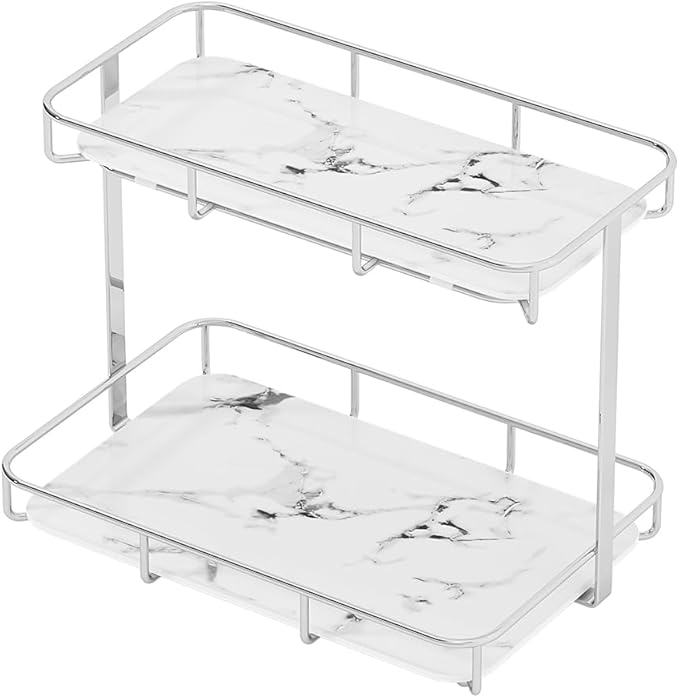 Bathroom Organizer Countertop Perfume Organizer Makeup Organizer Cosmetics Storage Display Rack Vanity Tray Dresser Stainless Steel Gold Shelf White Marble Ceramic Tray (2 Tier L-Sliver)