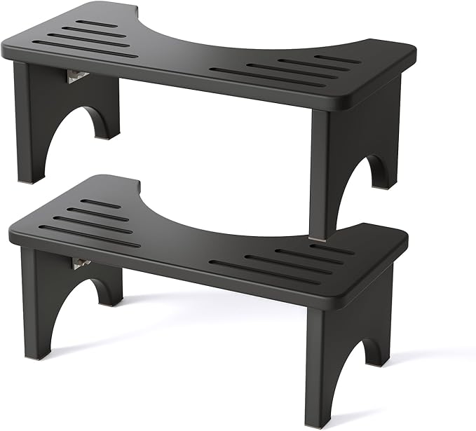Set of 2 Foldable Toilet Stool, 7 Inch Poop Squatting Stool for Adults, Potty Bathroom Stool Portable for Travel, Bamboo Wood Toilet Stools for Pooping, Black