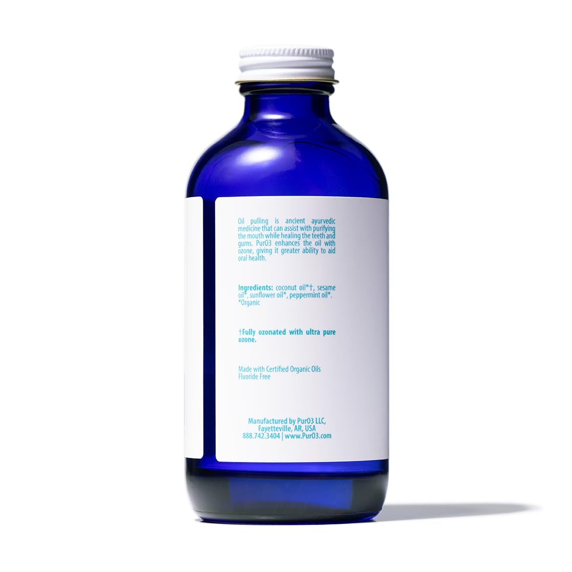 PurO3 Ozonated Oil Pulling Solution - Organic, Ozone Infused Coconut, Sesame, Sunflower, & Peppermint Essential Oils for Teeth & Gums - Fluoride-Free, Non-Toxic & Non-GMO Oral Care, 8 oz
