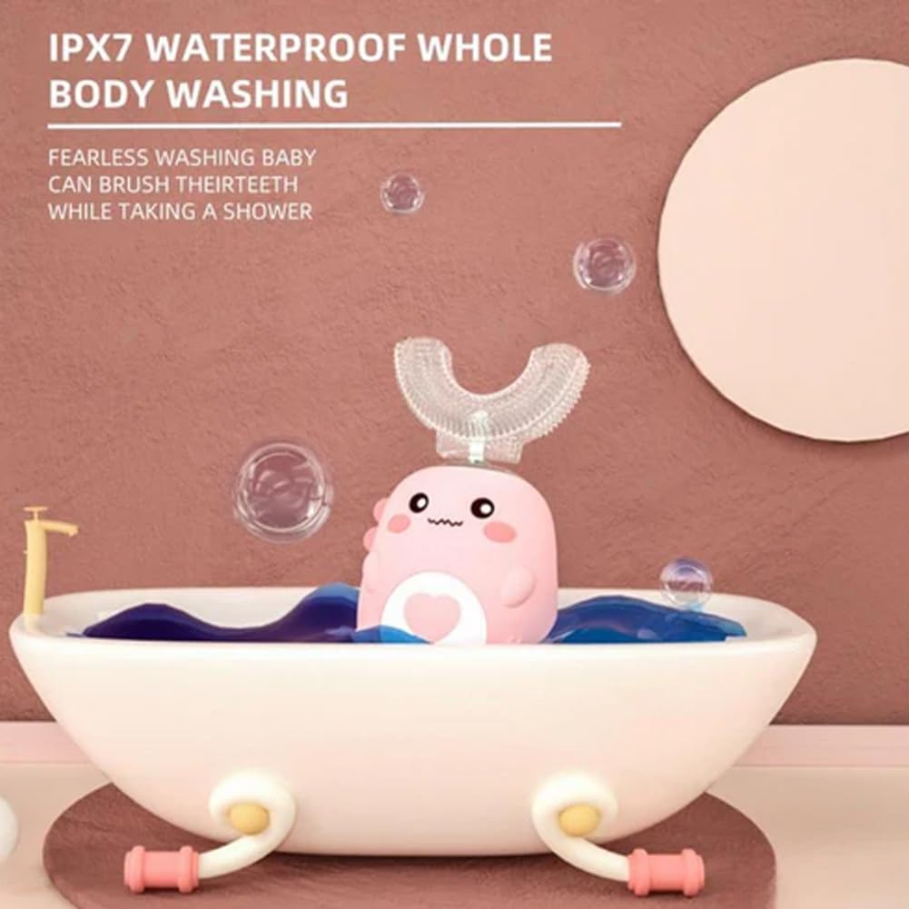 Kids Automatic U-Shaped Toothbrush, 360º Toothbrush Rechargeable Auto U-Shaped Electric Toothbrush with Led Light, 5 Modes & Smart Timer Gentle Waterproof and Cartoon Dragon Design (Green*1)