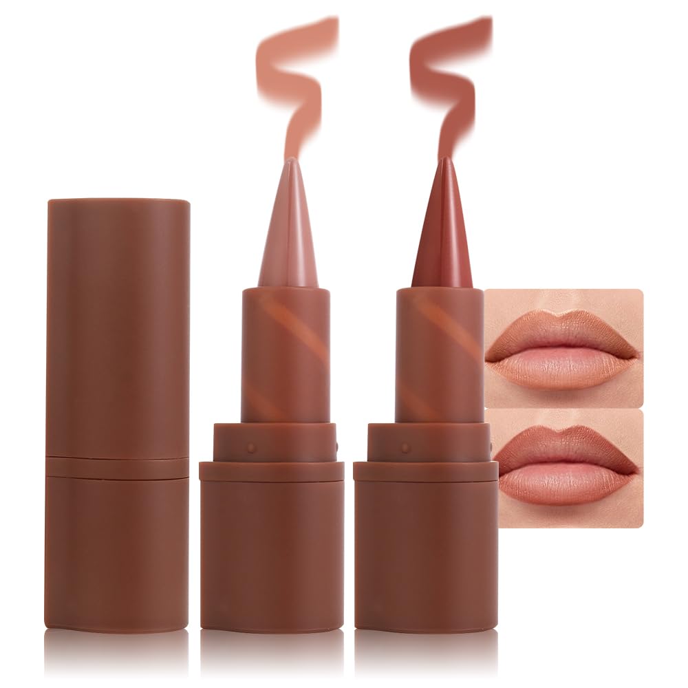 2in1 Gradient Lip Liner & Lipstick Combo,Matte Longwear Waterproof Lip Pencil with Cone Tip,Smudge Proof Crayon for Flawless Ombre Contour,Women's Long Lasting Makeup Set(01Nude Beige+03Rosewood Kiss)