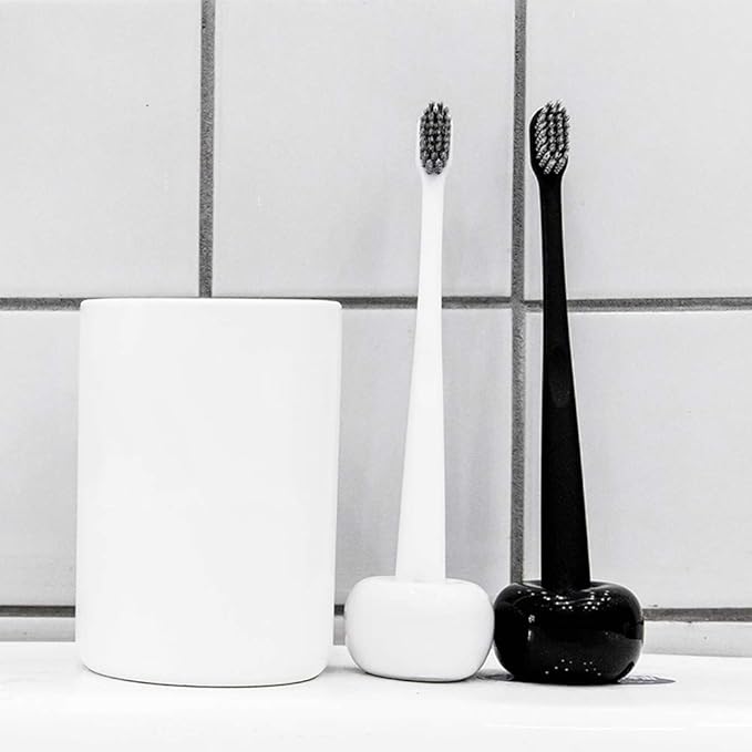 AirMoon Mini Ceramic Toothbrush Holder for Bathroom - Black Small Countertop Organizer, Easy Clean Toothbrush Stand, Suit for Electric Toothbrush Head, Pens & Coffee Spoon, Pack of 2
