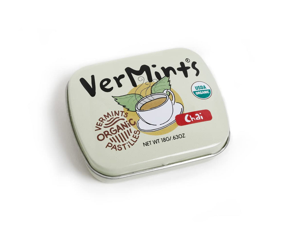 VerMints Organic Breath Mints - Real, Lasting Chai Flavored Pastilles - Breath Fresheners in Travel Mint Tins - Non-GMO, Nut Free, Gluten Free, Kosher & Vegan Candy - .63oz/18g (Pack of 12)