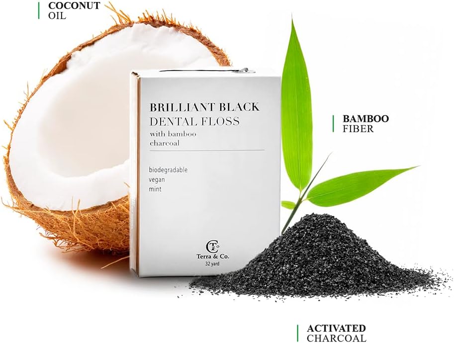 Terra & Co., Brilliant Black Dental Floss (32 Yards) | Organic Teeth Whitening Products | All Natural, with Activated Bamboo Charcoal | Vegan & Cruelty Free | Luxury Dental Care