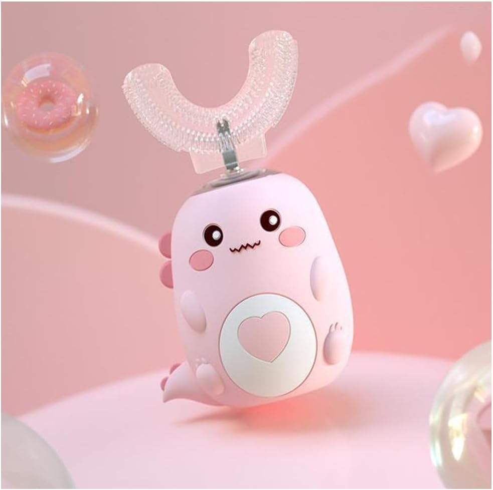 Kids Automatic U-Shaped Toothbrush, 360º Toothbrush Rechargeable Auto U-Shaped Electric Toothbrush with Led Light, 5 Modes & Smart Timer Gentle Waterproof and Cartoon Dragon Design (Pink*1)