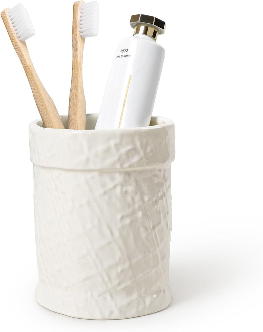 Toothbrush Holder, Tooth Brush Holder for Bathroom - Ceramic Toothbrush Cup Beige Toothbrush Holders Countertop, Makeup Brush Holder Pen Holder, 3.54" x 3.54" x 4.33", ANTIS'S HOME