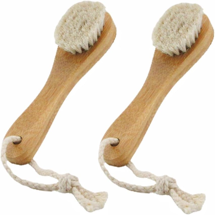 2 Pack 6" Bamboo Handle Dry Facial Cleansing Brush with Natural Soft Horsehair Bristles, Face Brush Cleanser Skin Care Exfoliating Brush Scrubber.