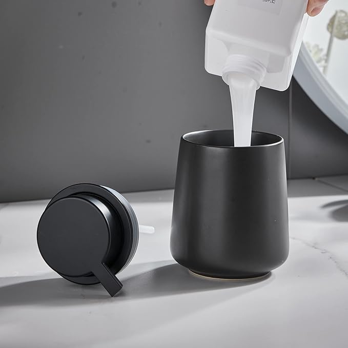 12Oz Foam Hand Soap Dispenser - Black Foaming Soap Dispenser Bathroom with Easy-to-Press Pump, Refillable Liquid Lotion Hand Soap Dispenser, Ceramic Kitchen Dish Soap Dispenser Hand Wash Dispenser