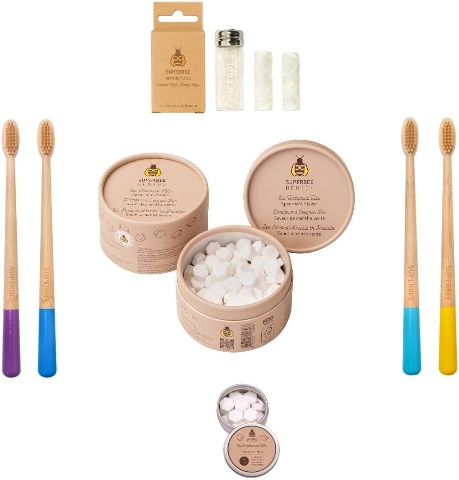 SuperBee Family kit with Dentos Toothpaste Tablets 300 tabs, Natural Floss, Soft Bristles Bamboo toothbrushes - Fluoride Free & Eco Friendly, Housewarming Gift Christmas Plastic Free