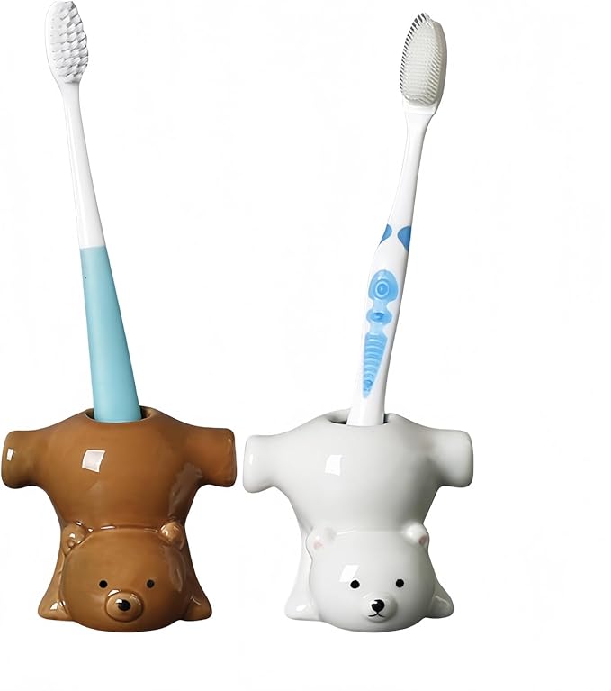 2 Pack Ceramic Toothbrush Holders, Cute Animal Tooth Brush Holder Bathroom Accessories Organizer Multipurpose Storage Organizer Vanity Countertops Cotton Swabs Holder