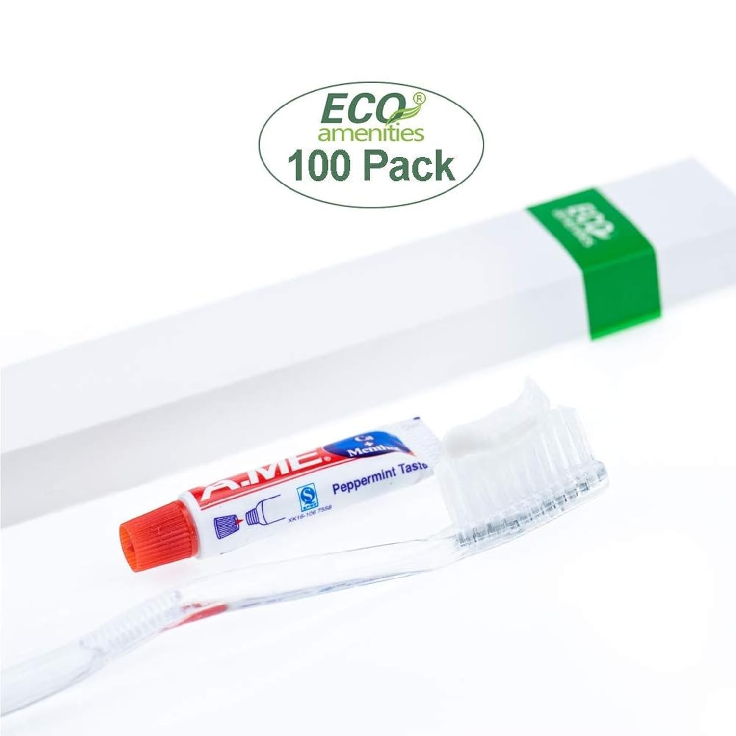 ECO amenities Bulk Travel Toothbrush & Toothpaste Kit - 100 Count, Transparent, Peppermint - Disposable Hotel Dental Kit