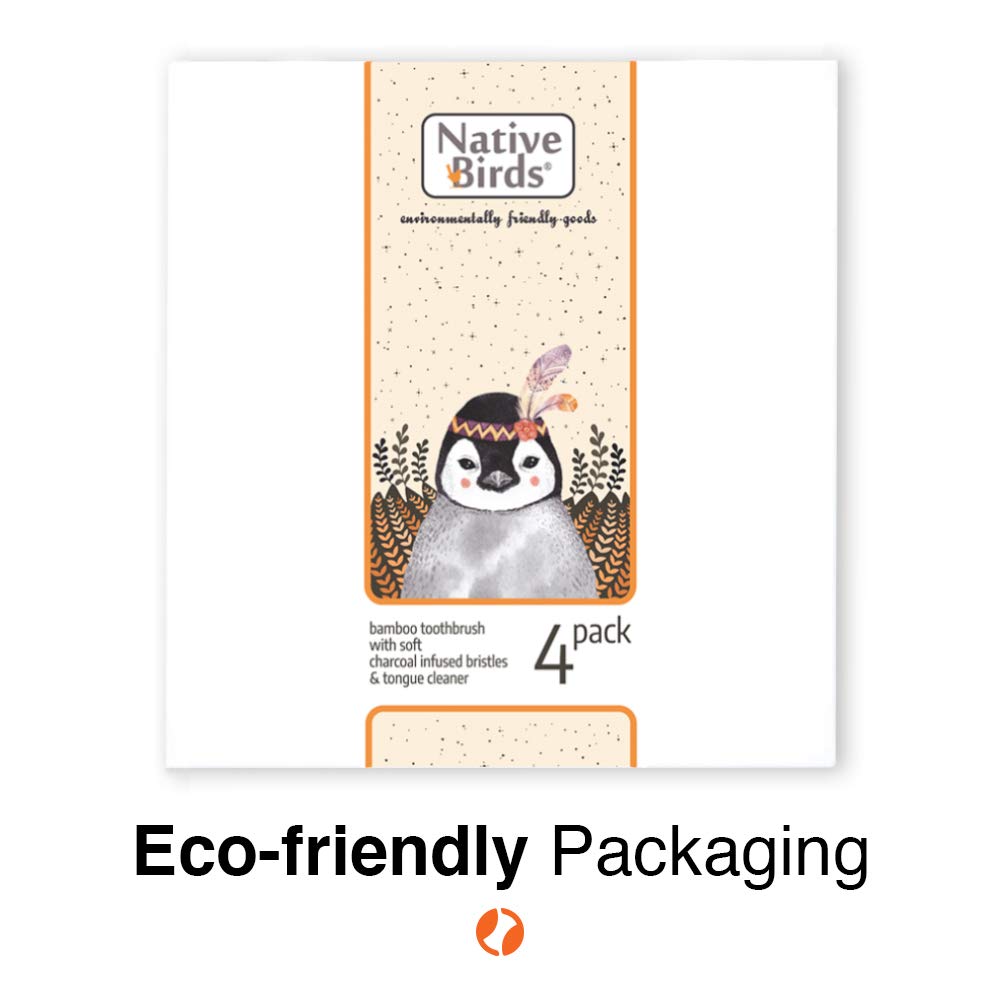 Bamboo Toothbrush with Soft Charcoal Infused Bristles, New Set of 4 Eco Friendly Toothbrushes, BPA Free and Tongue Scraper