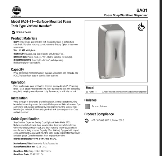 Bradley 6A01-11 Diplomat Foam Soap/Sanitizer Dispenser, Surface Mounted, Vertical Tank, Low Battery Indicator Lights, Architectural Satin Finish, Stainless Steel