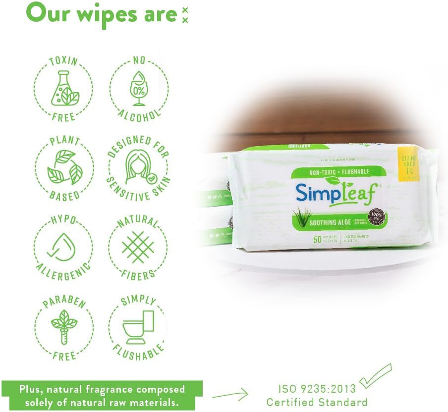 Simpleaf Flushable Wet Wipes Aloe Vera | Plastic Free, Paraben & Alcohol Free | Hypoallergenic & Safe for Sensitive Skin | Soothing Aloe Formula | Adult Toilet Wipes (3 x 50 Counts Pack) 150 Counts