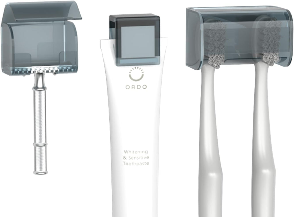 3 Pack Toothbrush Holders Toothpaste Clip and Razor Holder with Cover for Bathroom,Wall Mounted, Self Adhesive, Waterproof, 2 Slots Plastic Toothbrush Organizer Storage