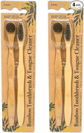 Lindo EcoGrip Charcoal Infused Bamboo Toothbrush and Tongue Cleaner Soft German Made Fiber Bristles, Organic, Eco-Friendly and Recyclable, Multi-Pack of 4