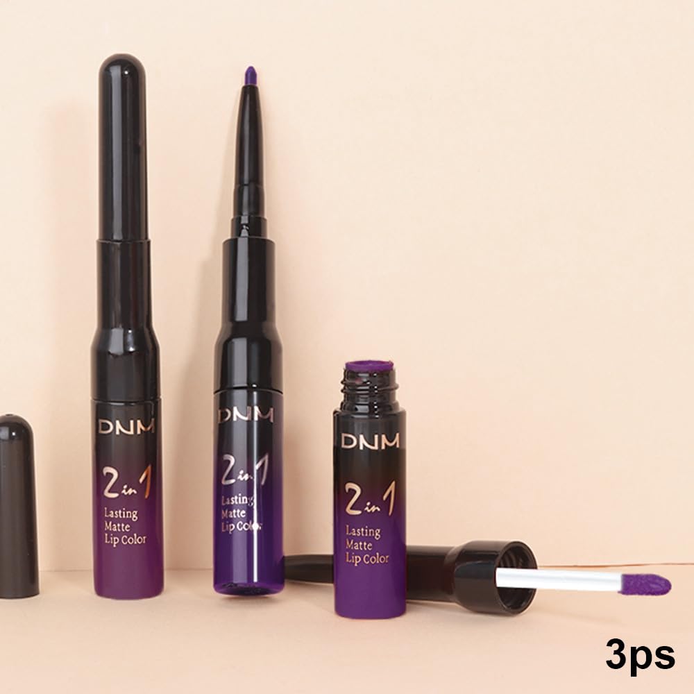 3Pcs 2 in 1 Burgundy Red Black Dark Purple Matte Lip Liner and Liquid Lipstick Stain Makeup Set for women, Long Lasting Smudge Proof Lip Tint Matte Finish Lip Gloss for All-Day Color Hold, Set28