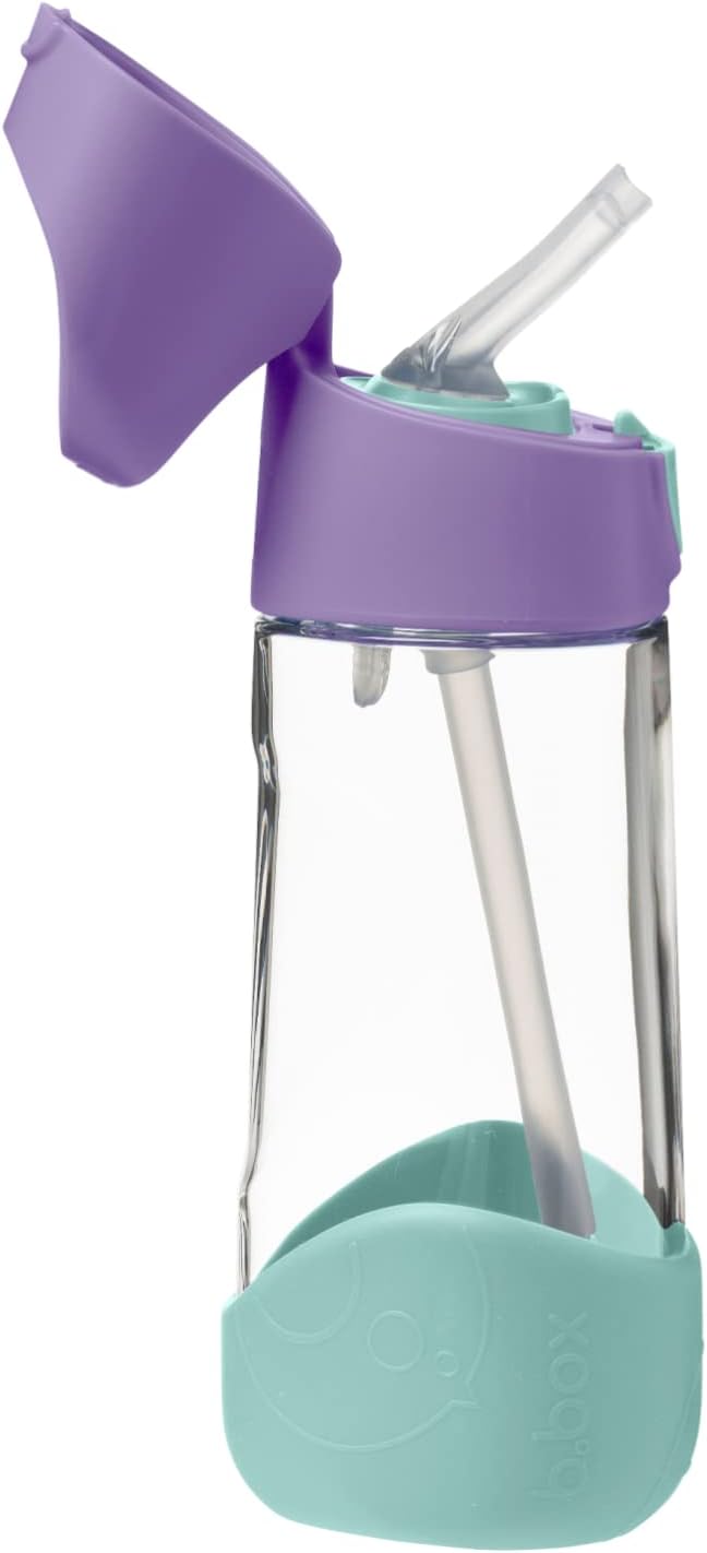 b.box 15oz Tritan Kids Water Bottle – Toddler Drink Bottle with Straw for School, Daycare, Travel w/Easy-Grip Triangular Design, Leak Proof Lid & Handle, BPA Free, Dishwasher Safe (Lilac Pop)