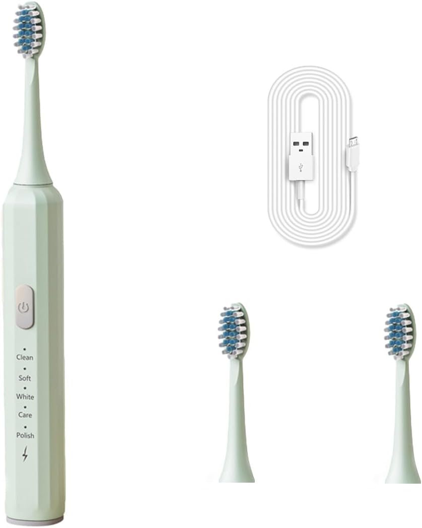 Electric Toothbrush for Adults, 5 Modes USB Rechargeable with 2 Extra Brush Heads, 66000 RPM Sonic Toothbrush with 2-Minute Timer, IPX7 Waterproof, Soft Bristles (Green)