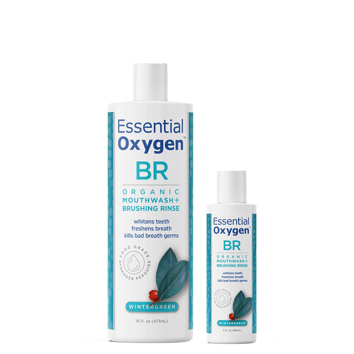 Essential Oxygen BR Certified Organic Brushing Rinse, All Natural Mouthwash for Whiter Teeth, Fresher Breath, and Happier Gums, Alcohol-Free Oral Care, Wintergreen, 2 Piece Set, 16 Oz