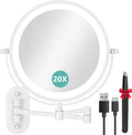 1X/20X Wall Mounted Makeup Mirror with Light, 8" Rechargeable Double-Sided Magnifying Mirror, Vanity Mirror Dimmable 3 Color Light, 360° Extension Rotation Foldable 14.5 Inch Arm for Bathroom