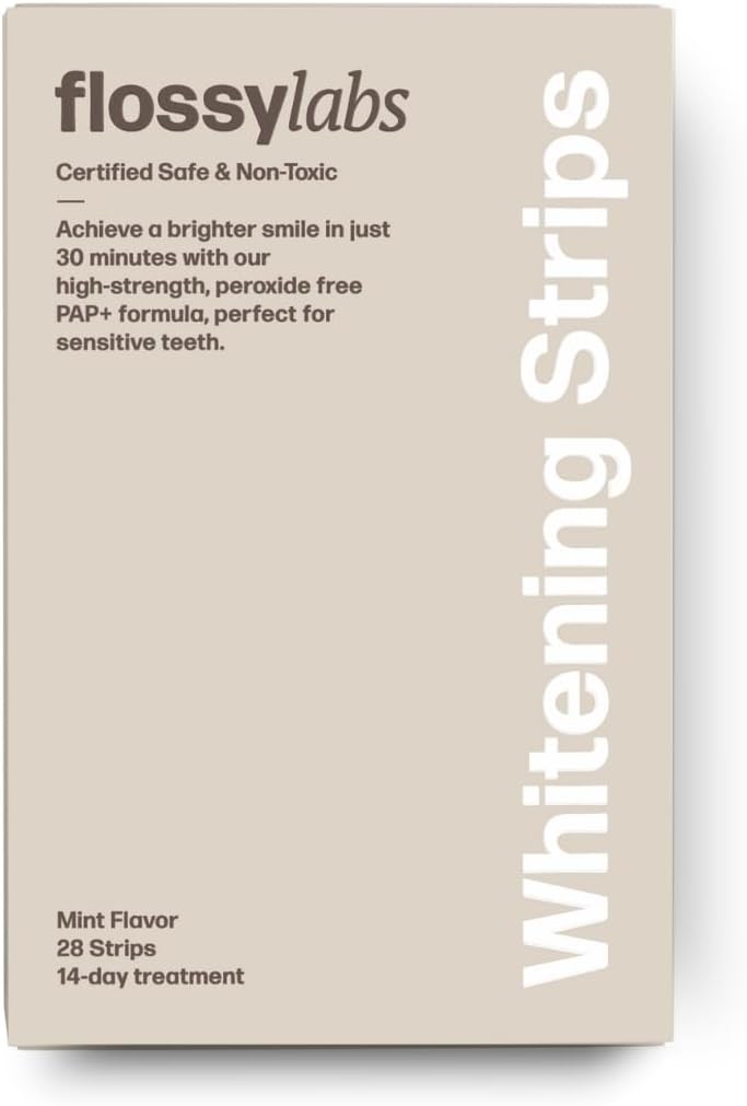 Flossy Labs Pap+ Teeth Whitening Strips, Peroxide Free, Enamel Safe, High Strength, Non Slip, 14 Day Treatment for Sensitive Teeth, Removes Stains from Coffee, Wine, and Tea, Professional Results.